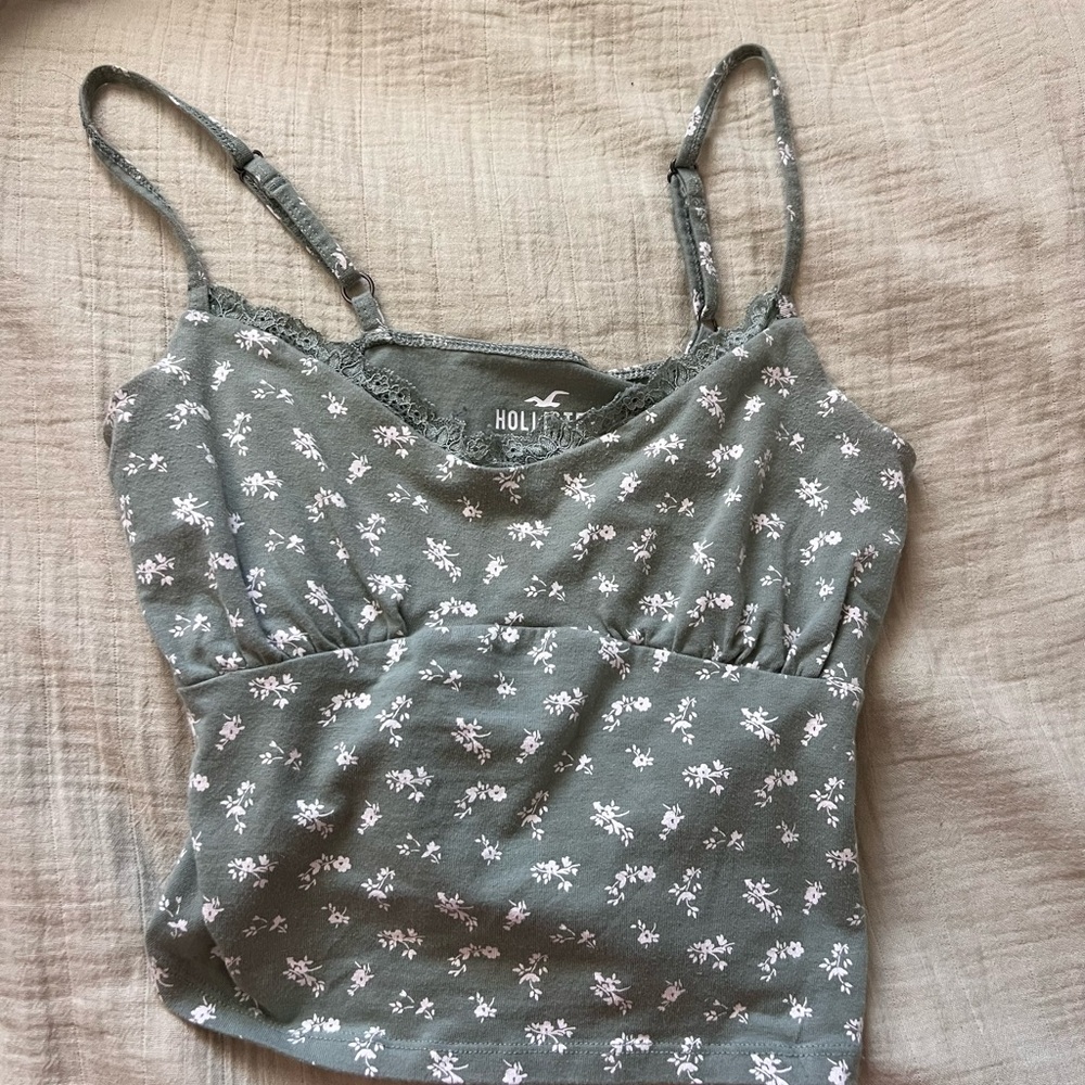 Hollister green floral Fitted Ruched Camisole